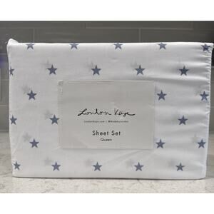 STARS Queen Sheet Set by London Kaye Blue White Star Print NEW Patriotic Sheets